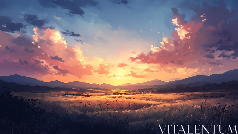 Sunset meadow panorama renders atmospheric depth and color fields