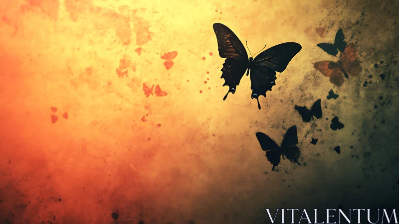 Digital painting of silhouetted butterflies in warm gradient space.