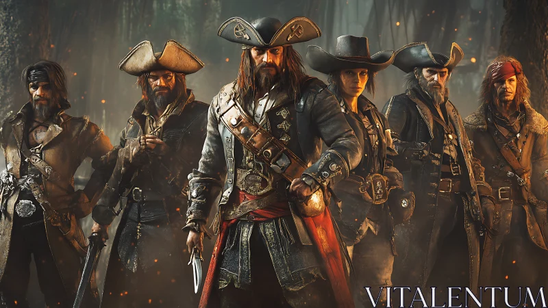 Battle-ready pirate crew stands united in smoky forest dusk.