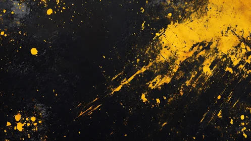 Bold yellow paint splatter on dark textured background, abstract art.