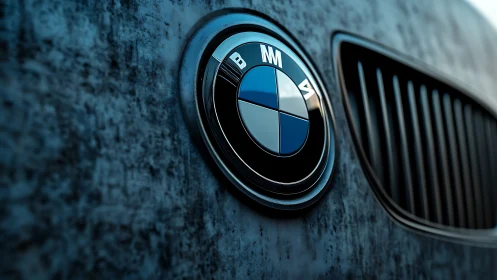 Close-up automotive emblem on textured blue grille surface.
