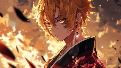 Intense anime boy with fiery eyes in glowing sunset scene.