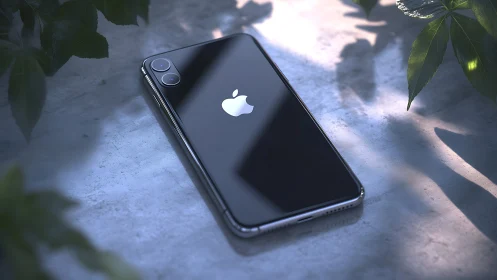 Sleek smartphone lies in cool dappled light on stone surface