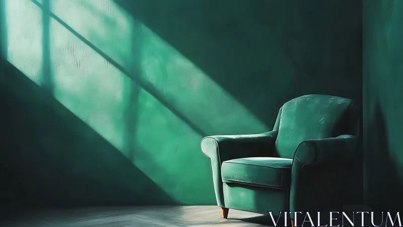 Emerald armchair catches sculpted sunlight in dark room.