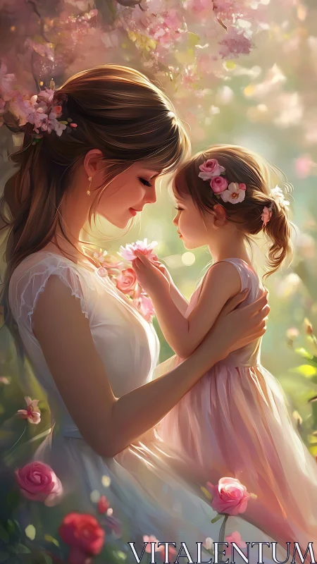 Mother and Daughter Share Whispered Secrets Among Blooming Roses