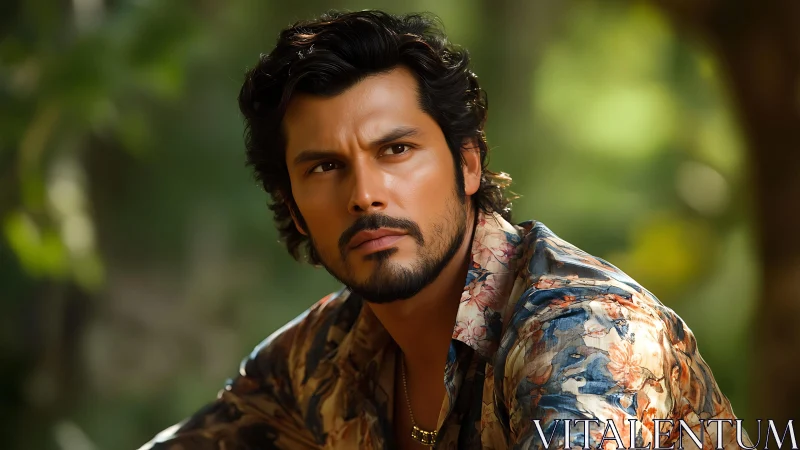 Photorealistic male portrait in shallow-depth botanical setting.