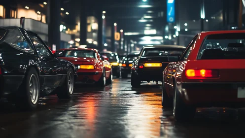 Classic sports cars idle under wet city night lights