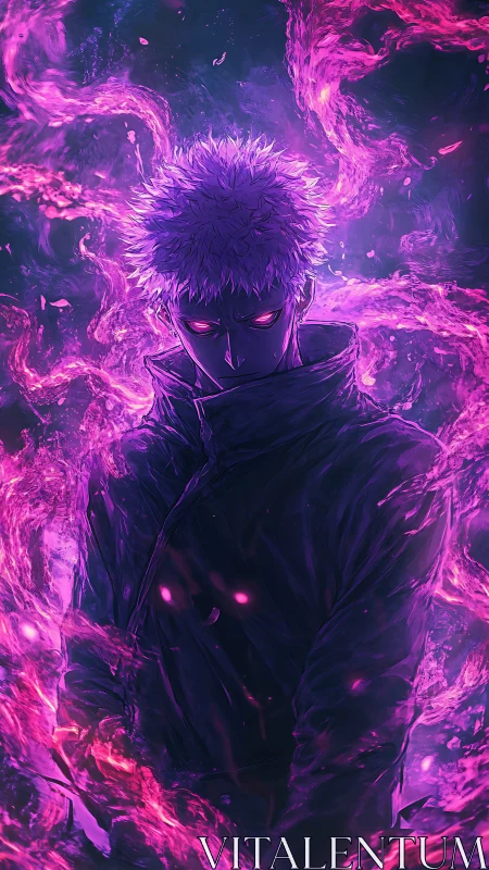 Dark anime sorcerer stands within swirling violet flames.