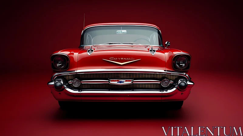 Frontal optical study of glossy red 1950s American coupe.