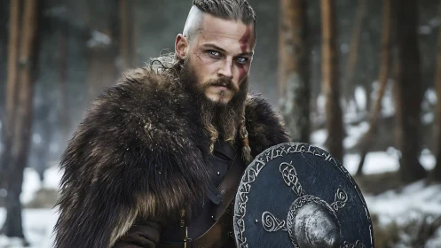Viking warrior stands in snowy forest, shield at the ready.