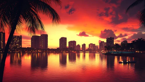 Flaming city sunset cradled by palm silhouettes and water.