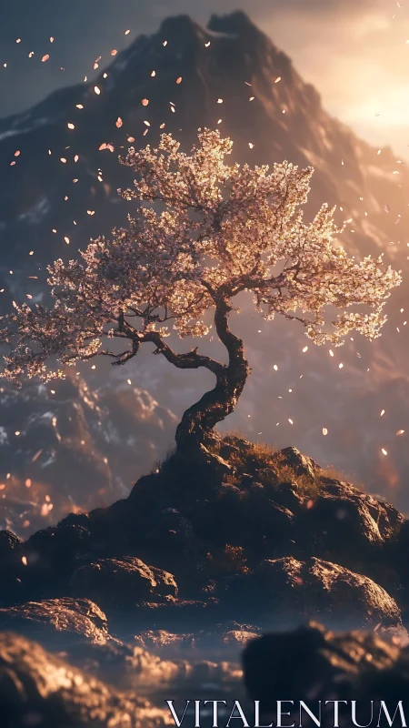 Volumetric dusk lighting on solitary cherry tree island.