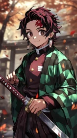 Anime swordsman portrait in autumn shrine courtyard.