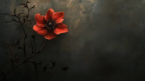 Solitary red bloom on textured dusk-toned background digital study.