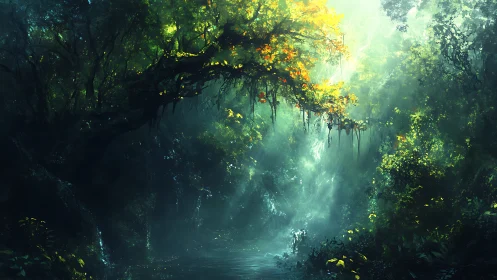 Mystical forest cavern flooded with golden luminescence