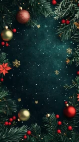 Christmas ornaments frame a dark textured central background