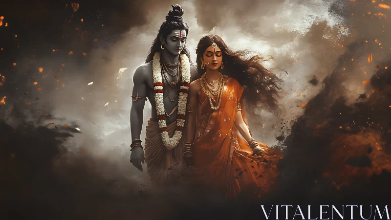 Mystical divine couple walking through swirling embers.