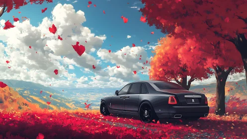 Luxury sedan parked in vivid red autumn valley landscape.