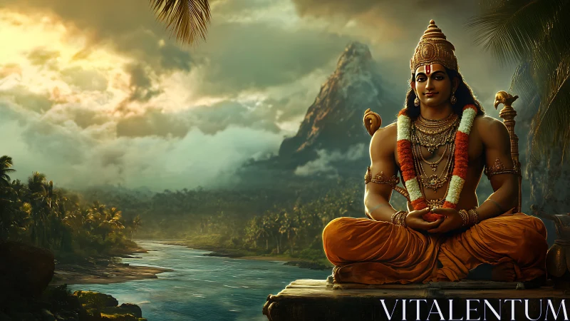 Seated deity meditates beside river under dramatic mountains