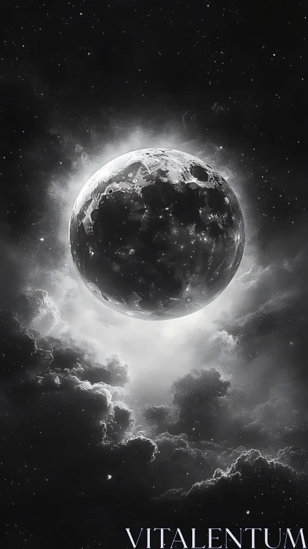 Luminous moon hangs like a silver lantern in stormy cosmos