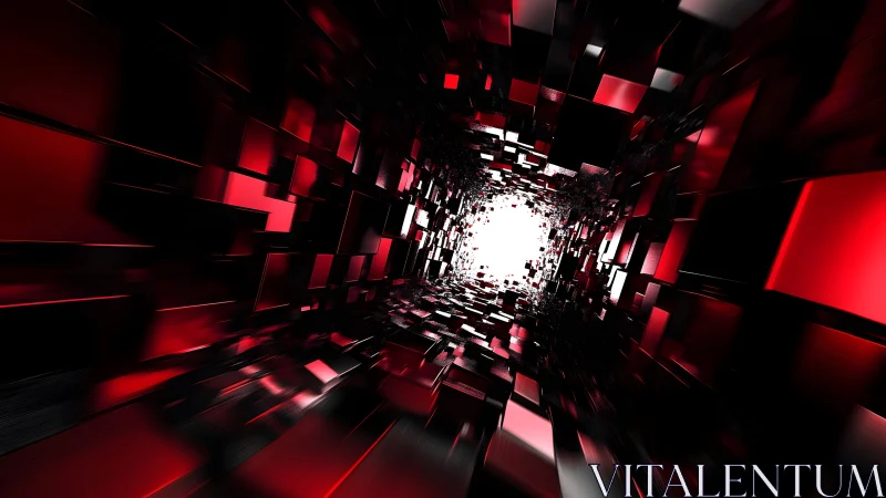 Futuristic tunnel of red and black cubes in abstract digital style.