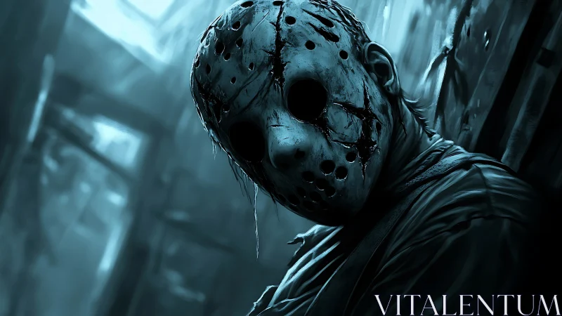 Forensic closeup of distressed hockey mask in cyan gloom.