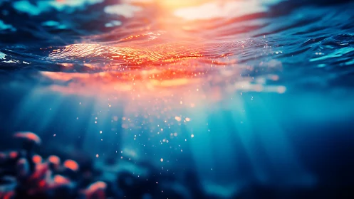 Sunlit underwater surface shows refracted light and particles