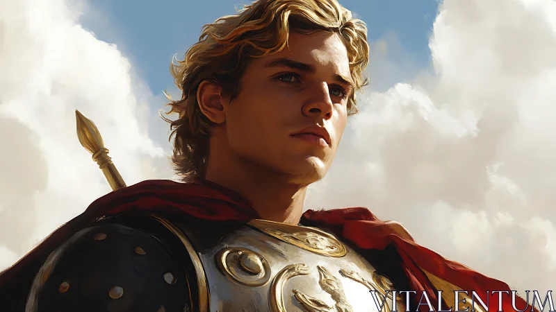 Young golden-haired warrior gazes upward under bright sky