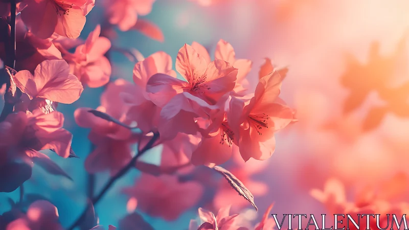 Pink Flowers Backlit by Golden Hour Light.