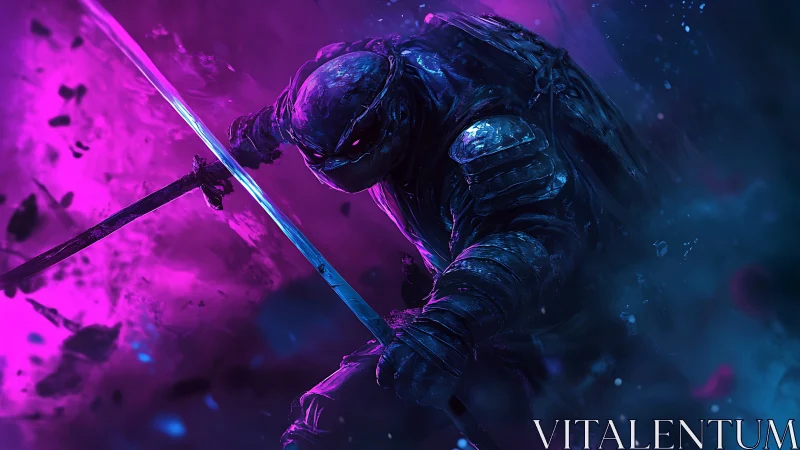 Armored mutant turtle warrior lunges through neon storm.