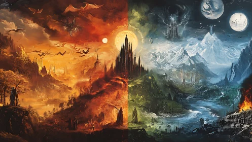 Bifurcated fantasy realm in molten ember and glacial moonlight.