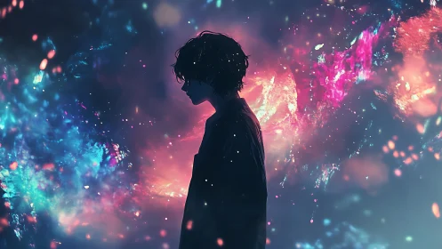 Silhouetted figure before luminous cosmic abstract field.