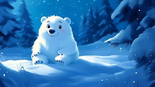 Cute cartoon polar bear sitting in snowy night forest.