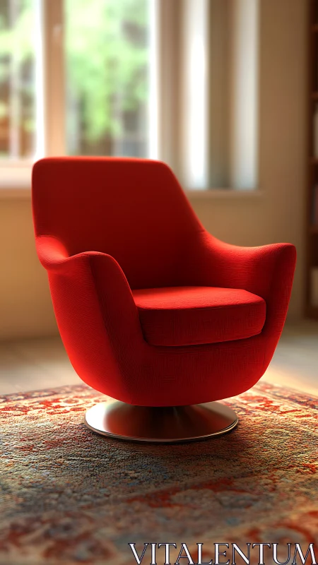 Red swivel lounge chair glows over patterned rug.