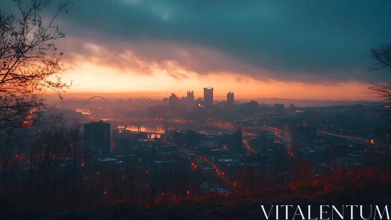 City skyline under stormy dawn light viewed from hillside