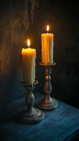 Two lit pillar candles on aged brass holders in shadowed room.