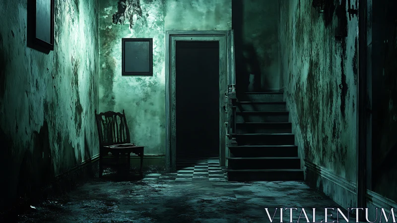 Moody abandoned hallway with stairs into eerie shadows.