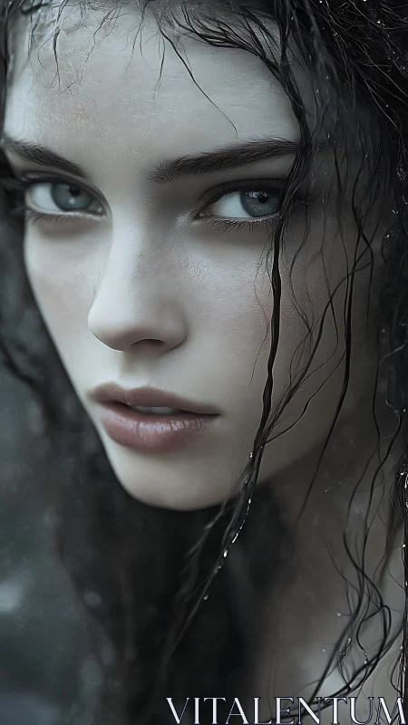 Wet haired woman in intense close up portrait stare.