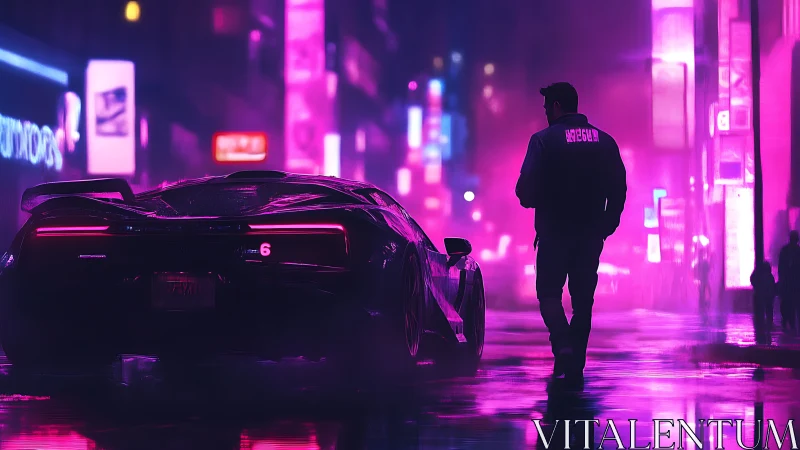 Neon midnight drapes a lone driver beside his cyber car