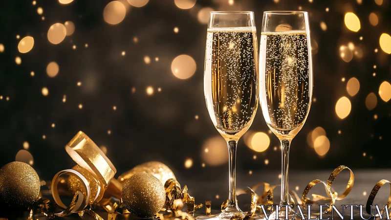 Champagne flutes glow amid golden bokeh celebration lights.
