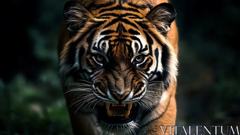 Tiger moving forward with bared teeth in dim forest light.