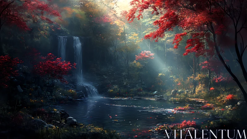 Gentle waterfall glows in a quiet autumn forest sanctuary