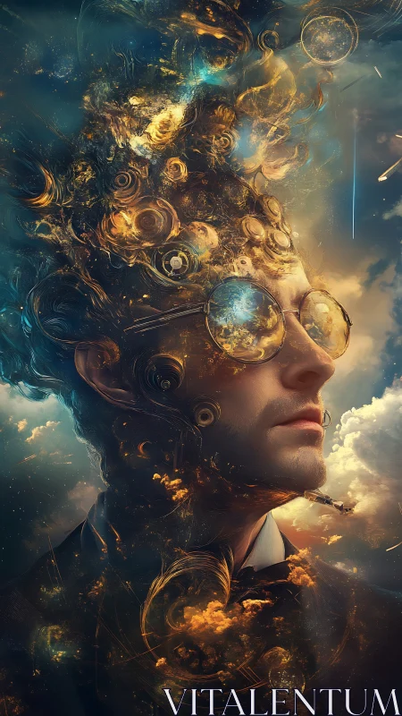 Cosmic thinker dissolving into swirling nebulae of light.