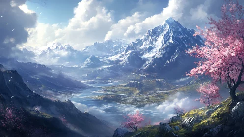 Snowcapped mountain valley with luminous cherry blossoms.