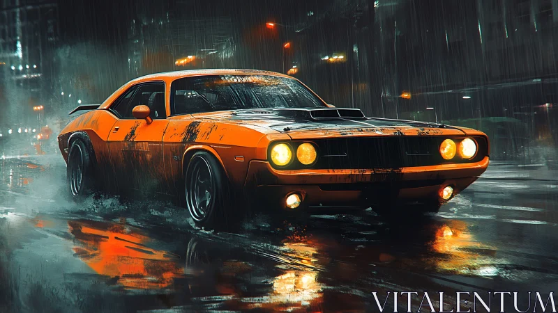 Retro muscle car drifting through neon soaked rainstorm streets.