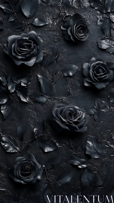 Dark Roses on Textured Black Surfaces with Scattered Petals