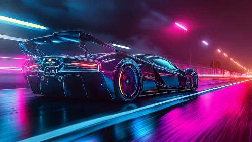 Neon midnight hypercar slashes through a liquid light highway