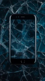 Smartphone frame aligned with fractured glass texture in blue