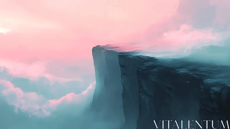 Dreamy cliffside horizon above soft pastel clouds.