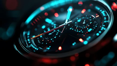 Futuristic analog wristwatch close-up with neon lighting in focus.